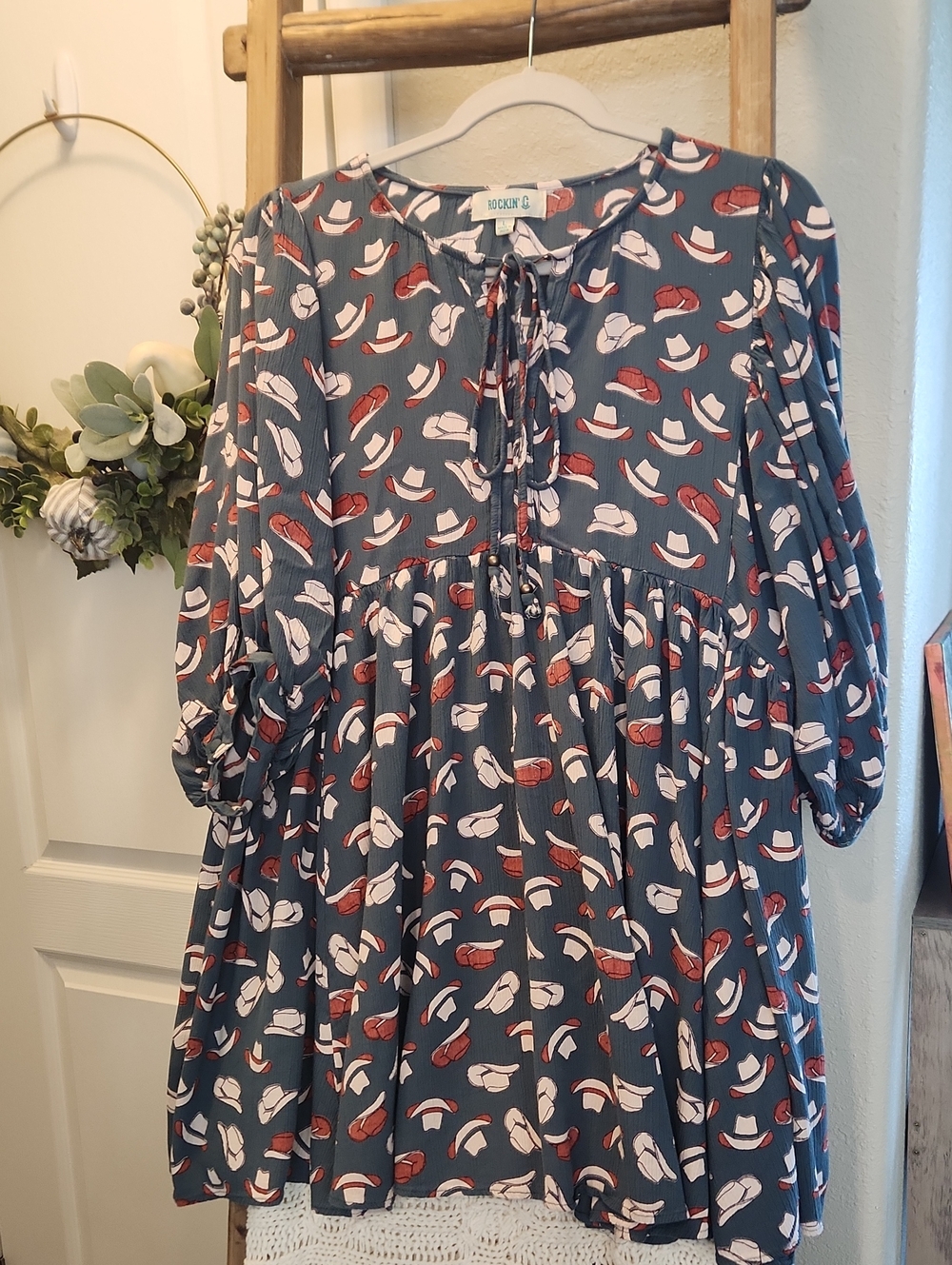 Blue Hat-Print Babydoll Dress